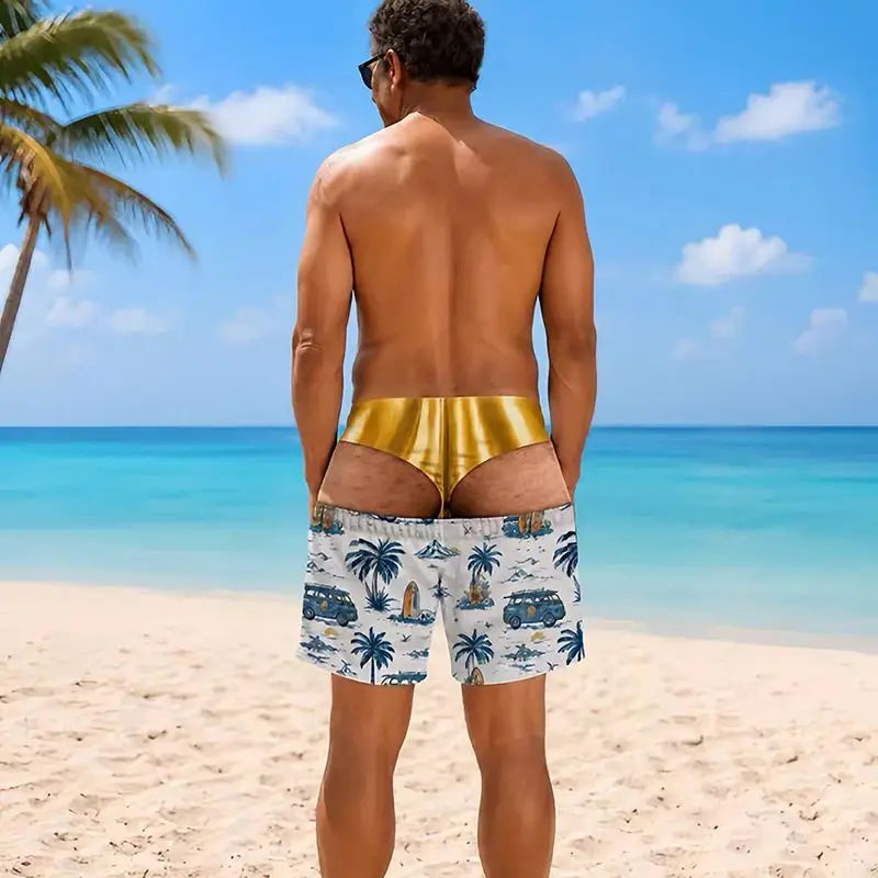 Men Funny Fake Two Piece Boardshorts Optical Illusion Thong Print Beach Shorts Novelty Hilarious Swim Trunks for Summer Holiday
