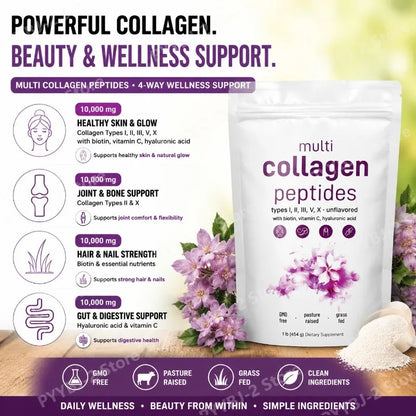 Multi-Collagen Peptides Powder – Hydrolyzed Collagen Blend with Vitamin C & Biotin Supports Skin,Hair and Nail Health 454G/1Lb