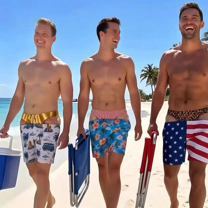 Men Funny Fake Two Piece Boardshorts Optical Illusion Thong Print Beach Shorts Novelty Hilarious Swim Trunks for Summer Holiday