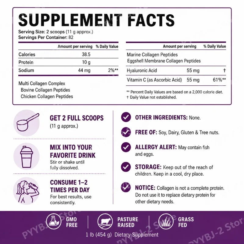Multi-Collagen Peptides Powder – Hydrolyzed Collagen Blend with Vitamin C & Biotin Supports Skin,Hair and Nail Health 454G/1Lb