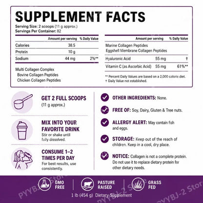 Multi-Collagen Peptides Powder – Hydrolyzed Collagen Blend with Vitamin C & Biotin Supports Skin,Hair and Nail Health 454G/1Lb