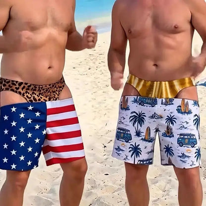 Men Funny Fake Two Piece Boardshorts Optical Illusion Thong Print Beach Shorts Novelty Hilarious Swim Trunks for Summer Holiday