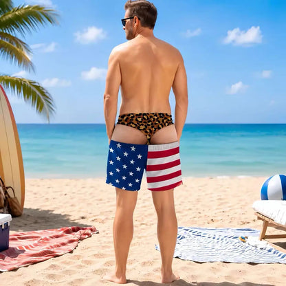 Men Funny Fake Two Piece Boardshorts Optical Illusion Thong Print Beach Shorts Novelty Hilarious Swim Trunks for Summer Holiday
