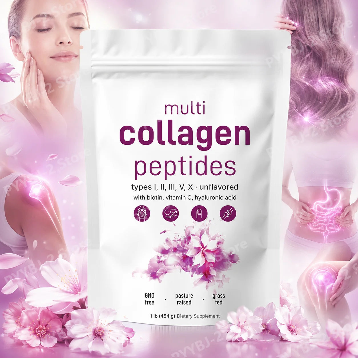 Multi-Collagen Peptides Powder – Hydrolyzed Collagen Blend with Vitamin C & Biotin Supports Skin,Hair and Nail Health 454G/1Lb