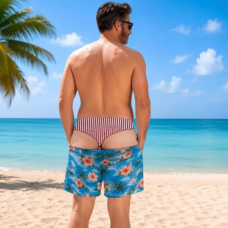 Men Funny Fake Two Piece Boardshorts Optical Illusion Thong Print Beach Shorts Novelty Hilarious Swim Trunks for Summer Holiday