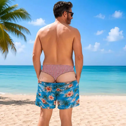 Men Funny Fake Two Piece Boardshorts Optical Illusion Thong Print Beach Shorts Novelty Hilarious Swim Trunks for Summer Holiday