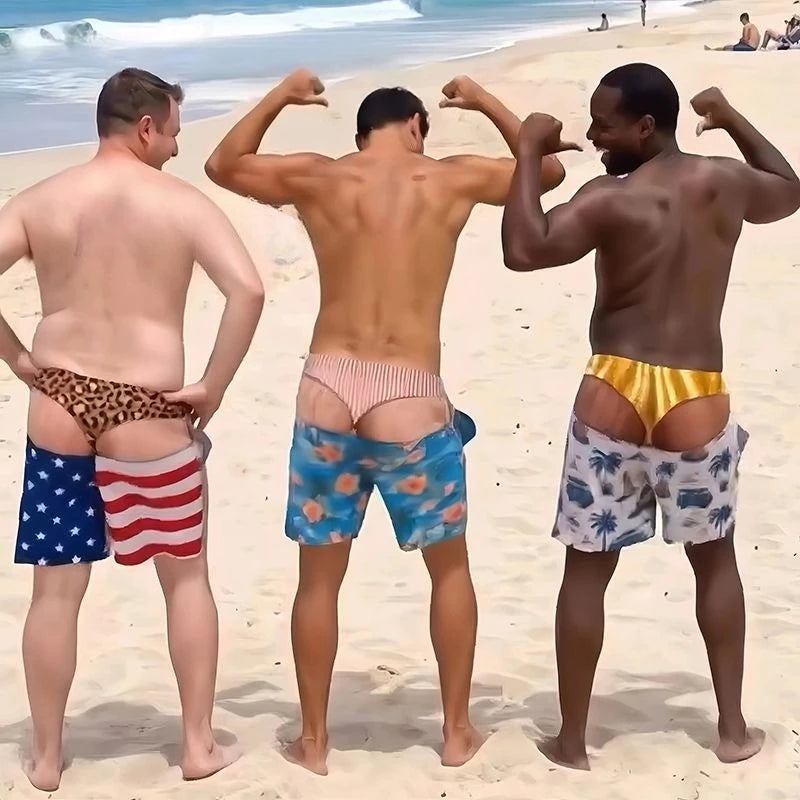 Men Funny Fake Two Piece Boardshorts Optical Illusion Thong Print Beach Shorts Novelty Hilarious Swim Trunks for Summer Holiday