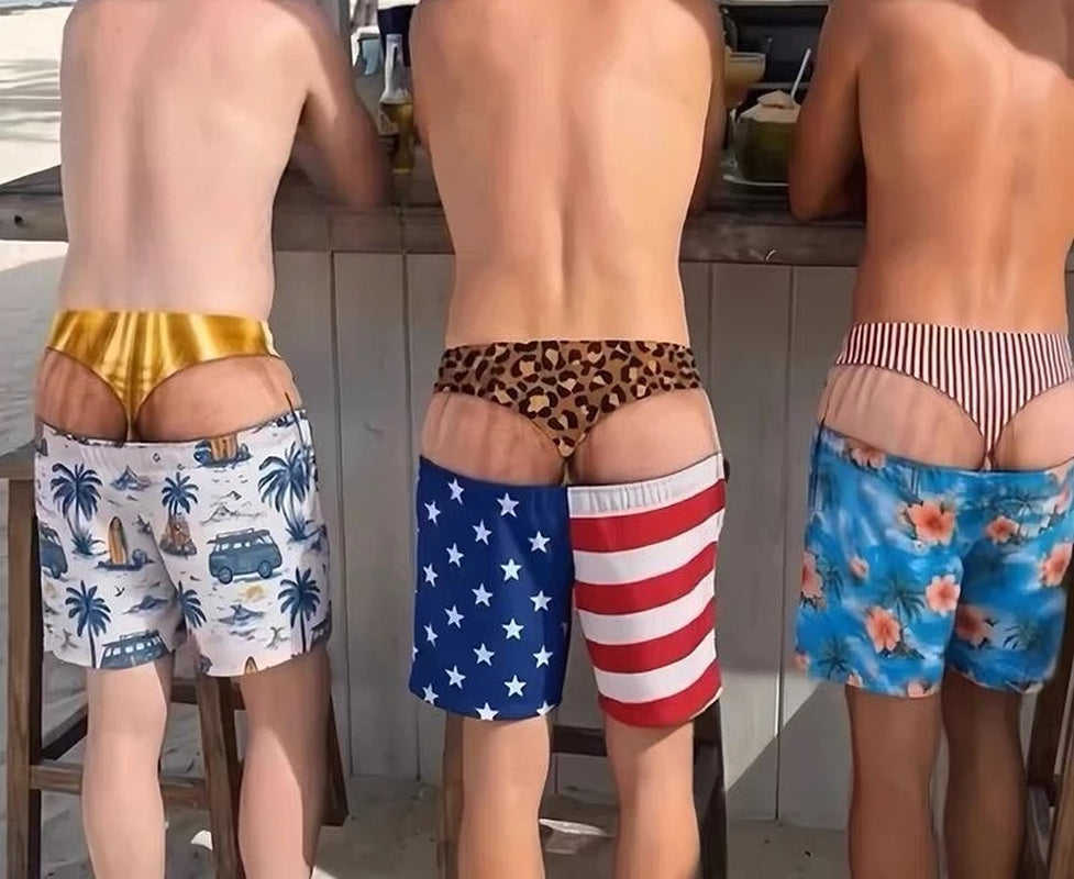 Men Funny Fake Two Piece Boardshorts Optical Illusion Thong Print Beach Shorts Novelty Hilarious Swim Trunks for Summer Holiday